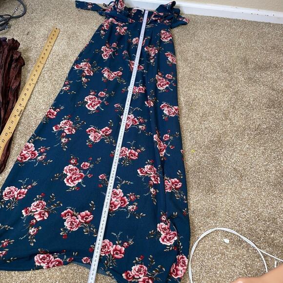 Dreamers maxi dress Navy blue floral print tie chest SZ SM V-neck top beach - Picture 9 of 10